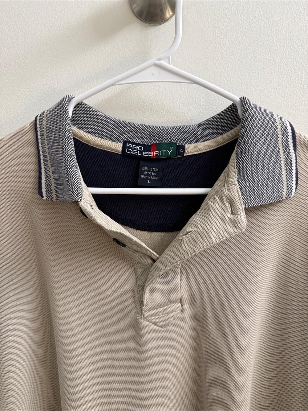 Pro Celebrity Men’s Beige Polo with Contrast Navy Collar